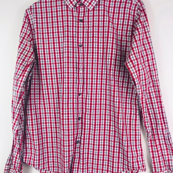 LOT Bundle (2) Express Fitted Mens Medium 15 15.5  Plaid Solid Red Black - Picture 3 of 6